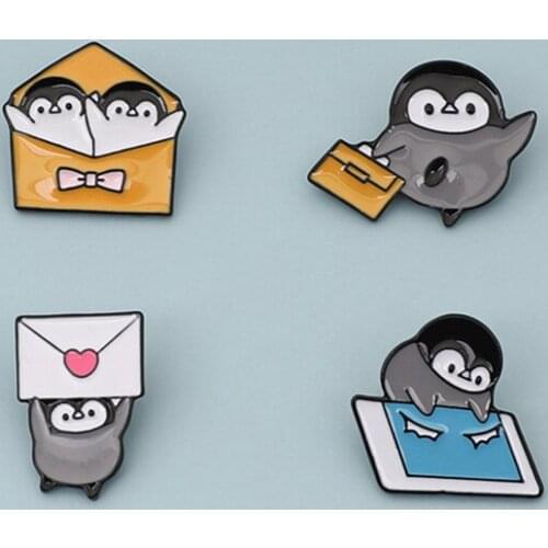 Cartoon Cute Animals Penguins Enamel Pins Love Envelopes Couples Alloy Brooches Badges Clothes Bags Accessories Women Jewelry