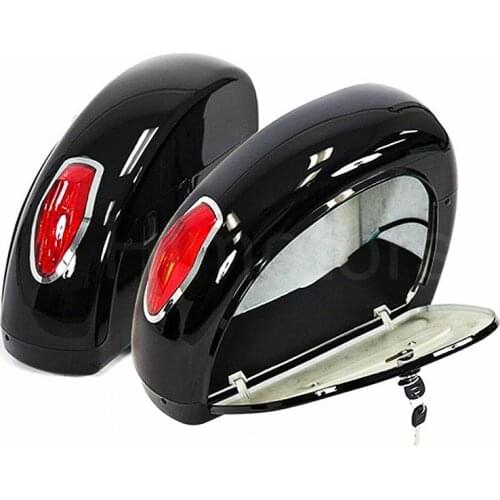 Gloss Black Universal Motorcycle Saddle Bag Saddlebags Trunk w/ Lights For Harley Honda Yamaha Kawasaki Suzuki Cruisers