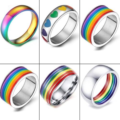 Men Women Rainbow Colorful Ring Round Engagement Wedding Stainless Steel Rings Trendy Band Lesbian & Gay Couple Rings Jewelry
