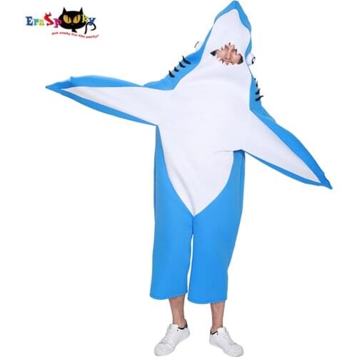 Eraspooky Funny Blue Shark Cosplay Halloween Costume For Men Adult Onesie Animal Jumpsuit Carnival Party Stage Fancy Dress