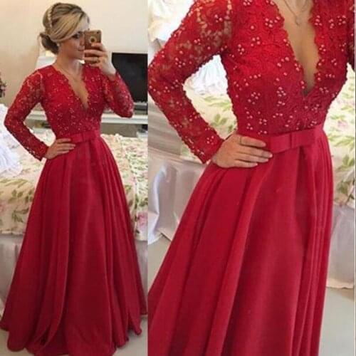 Red Evening Dresses 2020 Chiffon A-Line Full Sleevess Lace Hand-Beaded Long Party Dress Evening Dress Vestido de festa