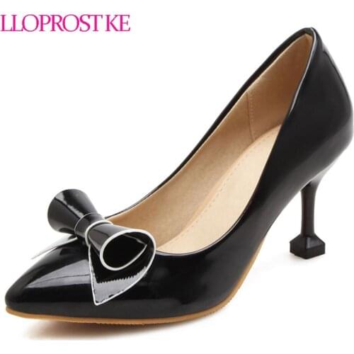 LLOPROST KE new 2018 women pumps fashion bowtie pu party shoes woman thin heels pointed toe slip-on lady shoes size 31-48 MY305