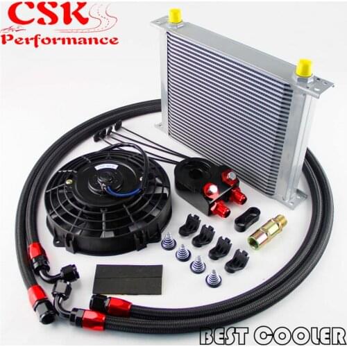 30 Row -8AN AN8 engine Transmission Oil Cooler + 7" Electric Fan Kit Blue / Black