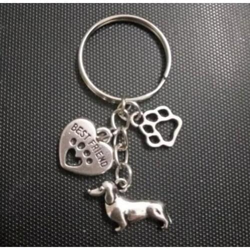 New Fashion Jewelry Key Chains Plating Dachshund Dog Paw Print Heart Best Friend Key Rings Charms Metal Keyring 20 Pcs