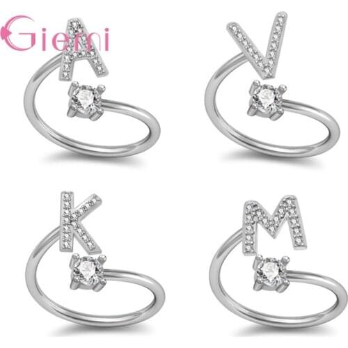 Creative 925 Sterling Silver A-Z Crystal Letter Ring Adjustable Initial Ring Wedding Rings For Women Party Charm Jewelry Gifts