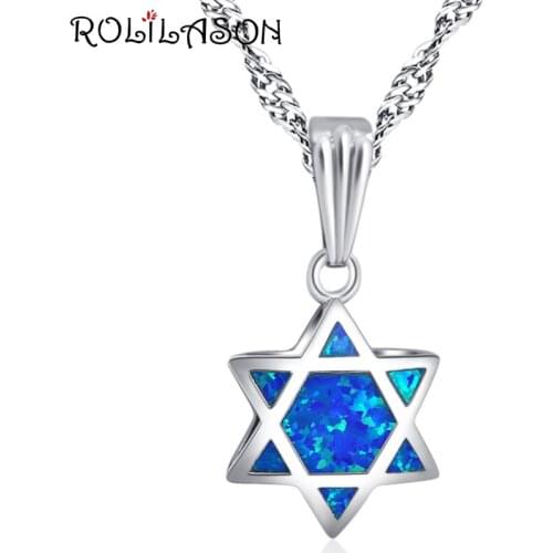 ROLILASON Double-sided blue and white fire opal shape 925 Silver for girl Necklace pendant Fashion Jewelry OP820