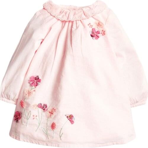 Frocks for Girls Autumn Toddler Clothes Pink Flower Applique Casual Cotton Vestiods Peter Pan Dress for Kids 2-7 Years