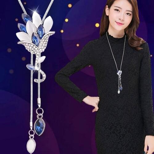 RAVIMOUR Fashion Blue Crystal Bouquet Flower Long Necklaces for Women Sweater Chain Opal Necklace Pendant Choker Accessories New