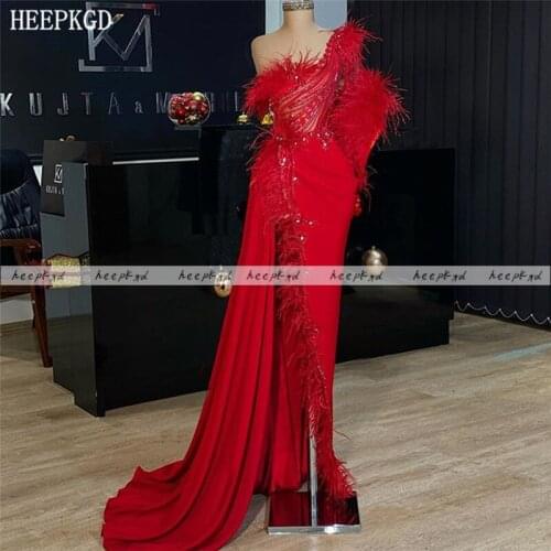 Luxury Red Feather Evening Dress One Shoulder High Slit Stunning Crystal Beads Special Occasion Dresses For Women Prom Party