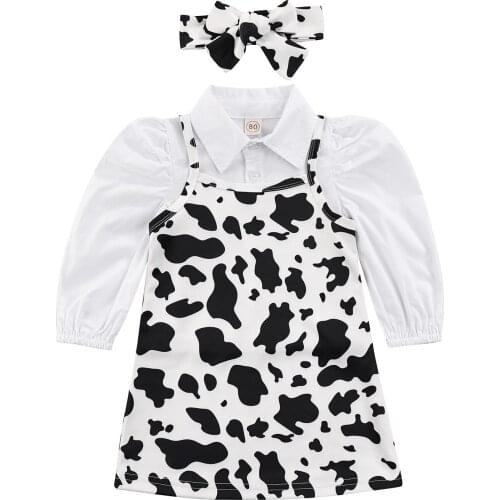 1-6Years Girl’s Casual Shirt and Dress Set Fashion Long Sleeve Blouse and Cow Print Suspender Dress with Headband