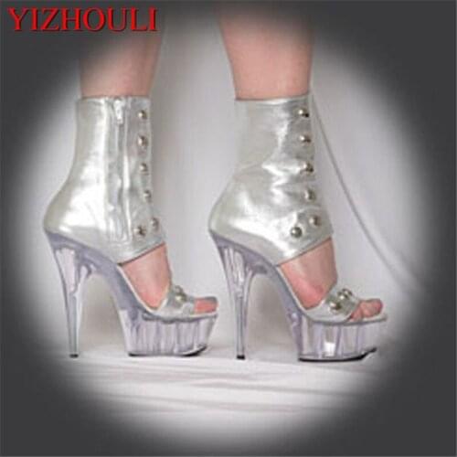 Sexy model 15 cm high heel boots, rivet trim, 6 inch ankle boots for summer fashion