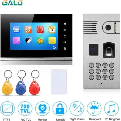Fingerprint Recognition and RFID reader 7'' Color Wired Video Intercom System Doorbell Camera IR Night Vision superior quality