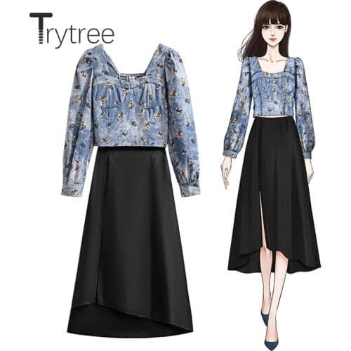 Trytree 2021 Spring Summer Two piece set Casual Floral Elastic Back Short Tops + A-line Zip Skirt Office Lady Suit 2 Piece Set