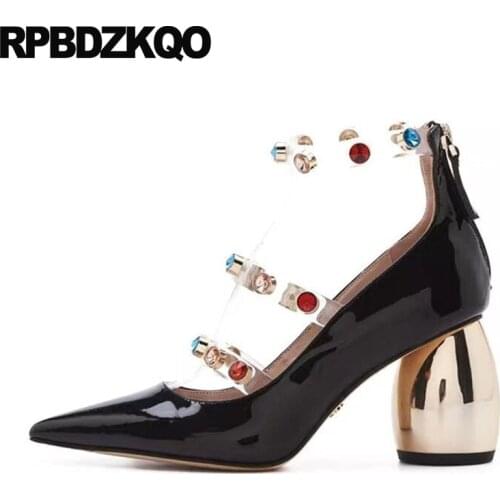 Pointed toe ladies clear black fashion crystal high quality designer shoes diamond pumps transparent ankle strap thick heels