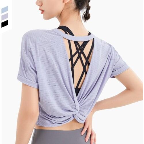 Women Loose Short Sleeve Sport T Shirt Fitness Running Shirt Back Hollow Out Breathable Quick-drying Yoga Crop Tops Tees