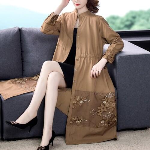 Autumn Classic Casual Midi Coats Elegant Bodycon Women Long Windbreaker 2021 Spring Vintage Black Floral Embroidery 5XL Trench