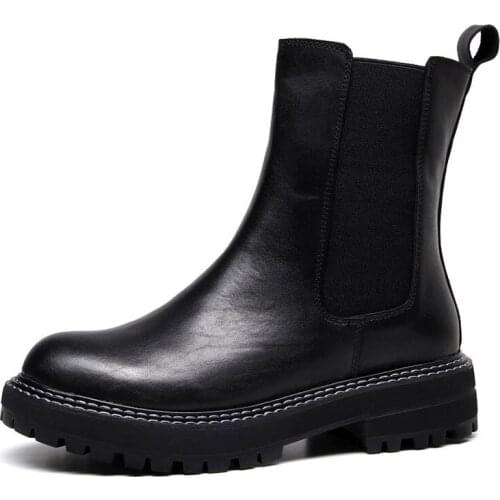 Fashion Autumn Women Ankle Boots 2020 New Handmade Genuine Leather Slip on Chelsea Boots Women Mid-calf Casual Platform Boots