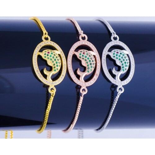 Juya New Design Luxury Green Crystals Cute Dolphin Charms Adjustable Chains Bracelets For Women Ocean Style Jewelry
