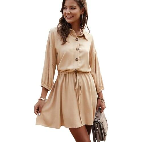 Casual Women Dress Turn-down Collar Long Sleeve Button Solid Mini Dress Vestido 2020 Office Lady Drawstring Lace Up Summer Dress