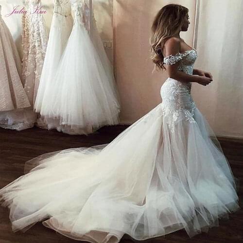 Julia Kui Sweetheart Neckline Sexy Mermaid Wedding Dress With Off The Shoulder Puffy Tulle Train