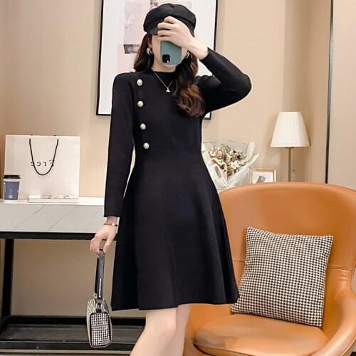 2021 Korean New Knitted Dress Womens Autumn Winter Bottom Mini Dress Fashion Pure Color Long Sleeve A-line Sweater Dress