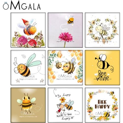 Cartoon Lovely Bee With Flowers Be Happy Patterns 10pcs 12mm/20mm/25mm/30mm photo glass cabochon demo flat back Making findings