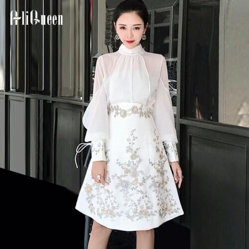 2020 Runway Women 2 Piece Set Elegant Bowknot Collarlantern Long Sleeve Chiffon Shirt + Beading Embroidery Mini Skirt Suit Sets
