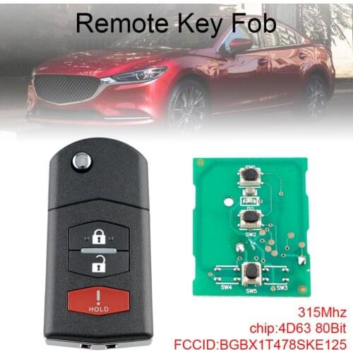 315Mhz 2+1 Buttons Replacement Remote Car Key Fob with 4D63 80Bit BGBX1T478SKE125 Fit for Mazda 2 5 CX-7 CX-9