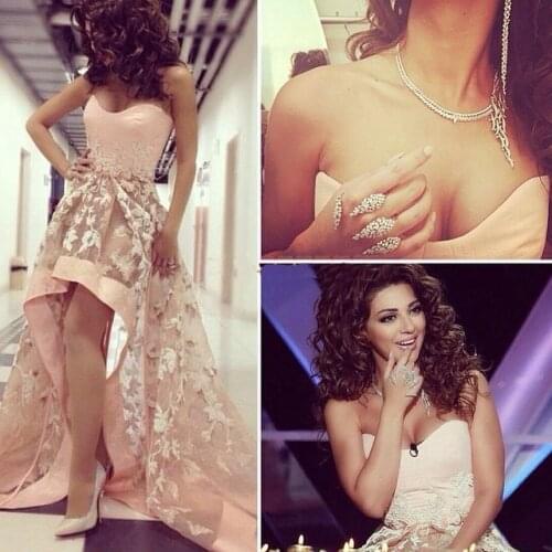 2016 Sexy Backless Arabic Myriam Fares Celebrity Dresses with Embroidery/Appliques High Low Evening Dress