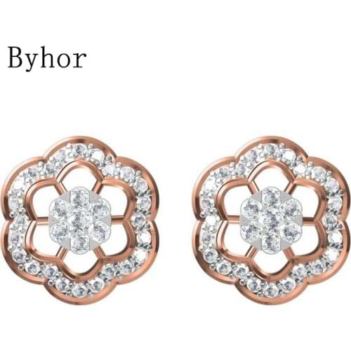 Byhor Solid 14K White/Yellow+White/Rose+White Gold 1.06ct H/SI Natural Diamonds Fine Jewelry Wedding Flower stud earrings Cерьги