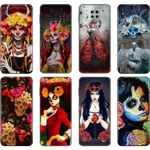 Black tpu Case For Xiaomi Redmi 7A 8 8A 9 9A 9C Case Redmi Note 8T 8 Pro T Note 9S Pro Case Catrina rose girl Skull Art Perfect