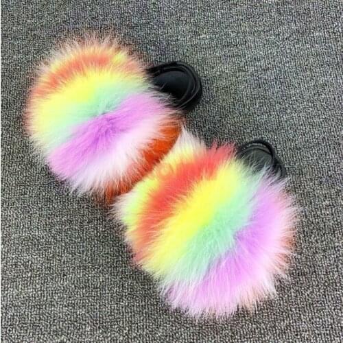 Kids Fur Slides Elastic Strap Flat Slippers Children Plush Raccoon Fur Sandals Casual Indoor Slippers Girls Fluffy Furry Shoes