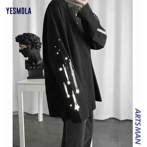 YESMOLA Star Print T-shirts Harajuku Oversized Long Sleeve Men Shirt Reflective T Shirt Women Man Streetwear Casual Korean Tops
