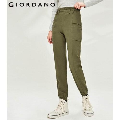 Giordano Women Pants Cargo Pockets Cuffs Trousers Elastic Waistband Banded Zip Fly Soft Soild Green Pantalones Mujer 90410610
