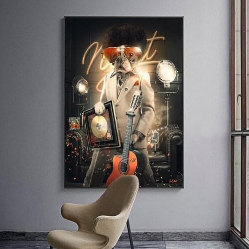 Canvas Wll Art Poster Animal Afro Musician Bulldog Pictures for Kids Room Home Decoration Art Canvas Painting