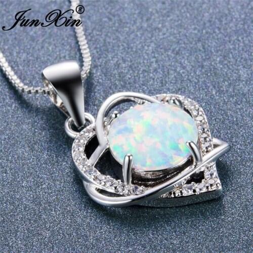 JUNXIN Romantic Silver Color Double Heart Statement Necklace Jewelry Round CZ White Fire Opal Pendant Necklaces