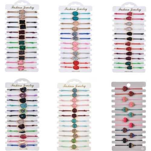12pcs/lot Handmade Woven Rope Chain Bracelet Set Irregular Glitter Druzy Charms Bracelets for Women Fashion Elastic Cuff Jewelry