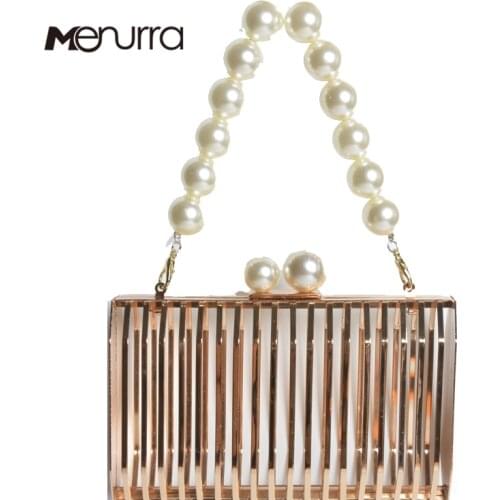 Fashion Style Metallic Hollow Out Evening Bag Womens Pearl Wedding Clutch Purse Shoulder Crossbody Bags INS Clutch Cage Handbag