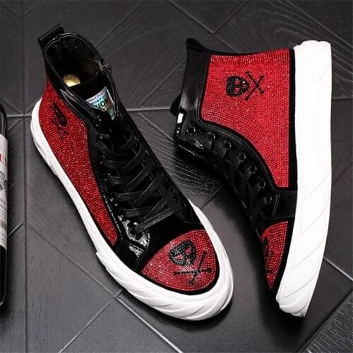 Fashionable Mens High Tops Web Celebrity Shoes Rhinestone Punk Sneakers Hip Hop Loafers Ankle Boots Zapatillas Hombre