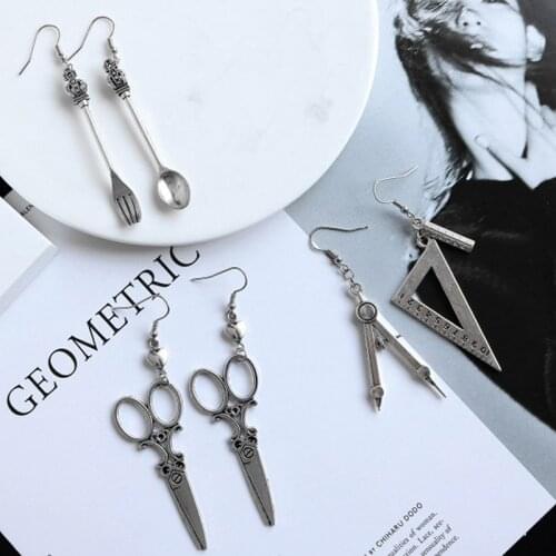 Creative Funny Personality Compasses Set Square Drop Earrings Alloy Scissors Fun Harajuku Earrings Women Girl Brincos Jewelry