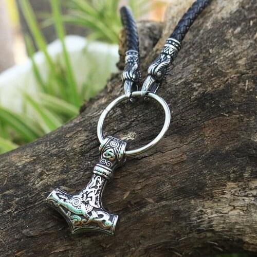 1pcs stainless steel Viking raven head necklace with thors hammer mjolnir pendant