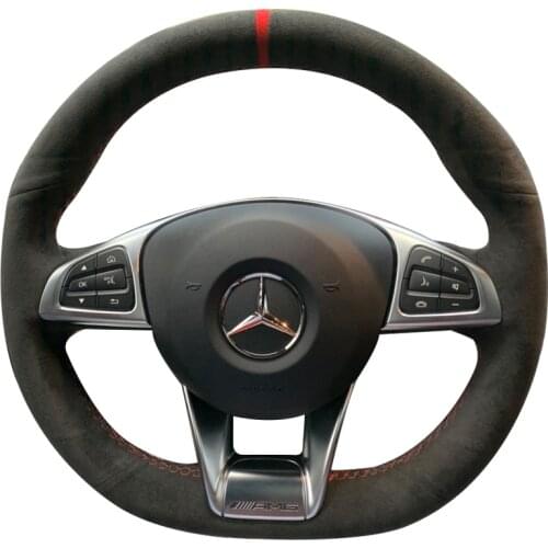 All Black Suede Leather Steering Wheel Red Stitch on Wrap Cover Fit For Mercedes Benz S-Class S500 2016 / A-Class AMG A45 16-19