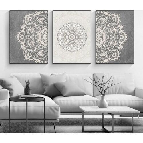 Grey Mandala Poster Beige Flower Pattern Canvas Painting Zen Boho Chic Art Print Living Room Wall Art Pictures Home Wall Decor