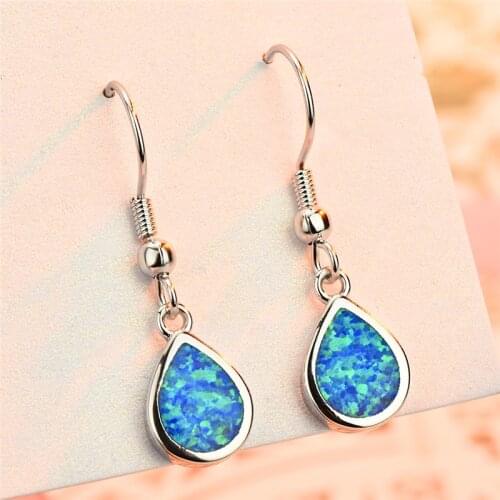 Pear Cut Blue Fire Opal Stone Drop Earrings For Women 925 Sterling Silver Filled Teardrop Birthstone Dangle Earrings Female Gift