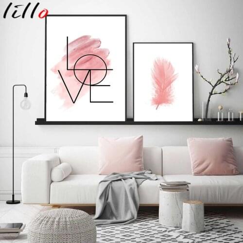 Modern Blush Pink Wall Art Feather Canvas Painting Inspirational Quote Poster and Print Love Sign Image for Girl Room Home Decor