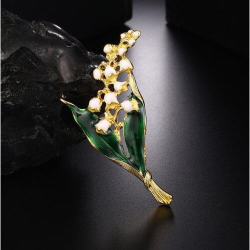 Vintage Style Gold Floral Green Leaf Brooch Trendy Alloy Enamel Lily Valley Gold Color Personality Brooch Pin Jewelry For Women