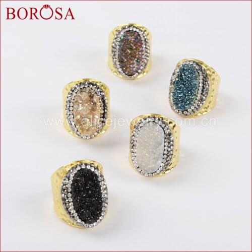 BOROSA 6pcs Oval Shape Rainbow Crystal Titanium Druzy Ring,Rhinestone Pave Gems Drusy Gold Band Ring for Women JewelryJAB757