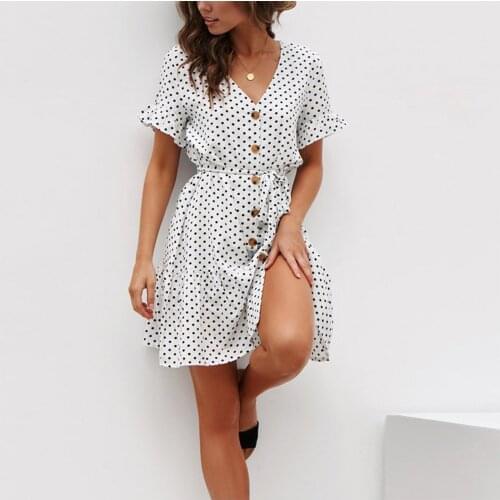 Women Dresses Summer 2021 Womens Casual Button Short Sleeve Tie Waist Polka Dot Solid Color Mini Dress Loose Sexy Sundress