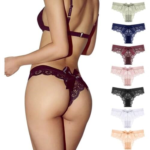 Womens Sexy Transparent Underwear Lace Bow Bikini Thong Low Waist Briefs Pearl Silky Comfy Lace Brief трусики для женщин