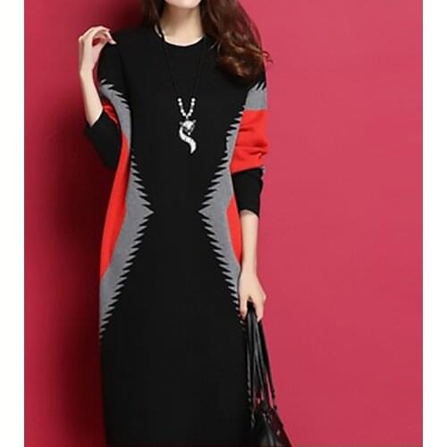 Knitted Dress Womens Spring Autumn New Mid-length Large Size Loose Thickened Round Neck Pullover French Bottoming Dress Tide